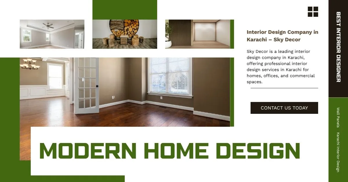 Modern luxury living room interior in Karachi with false ceiling, wall panels, warm lighting, vinyl flooring, and contemporary furniture.
