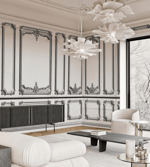 Elegant French wall design with modern white and grey interior in Karachi
